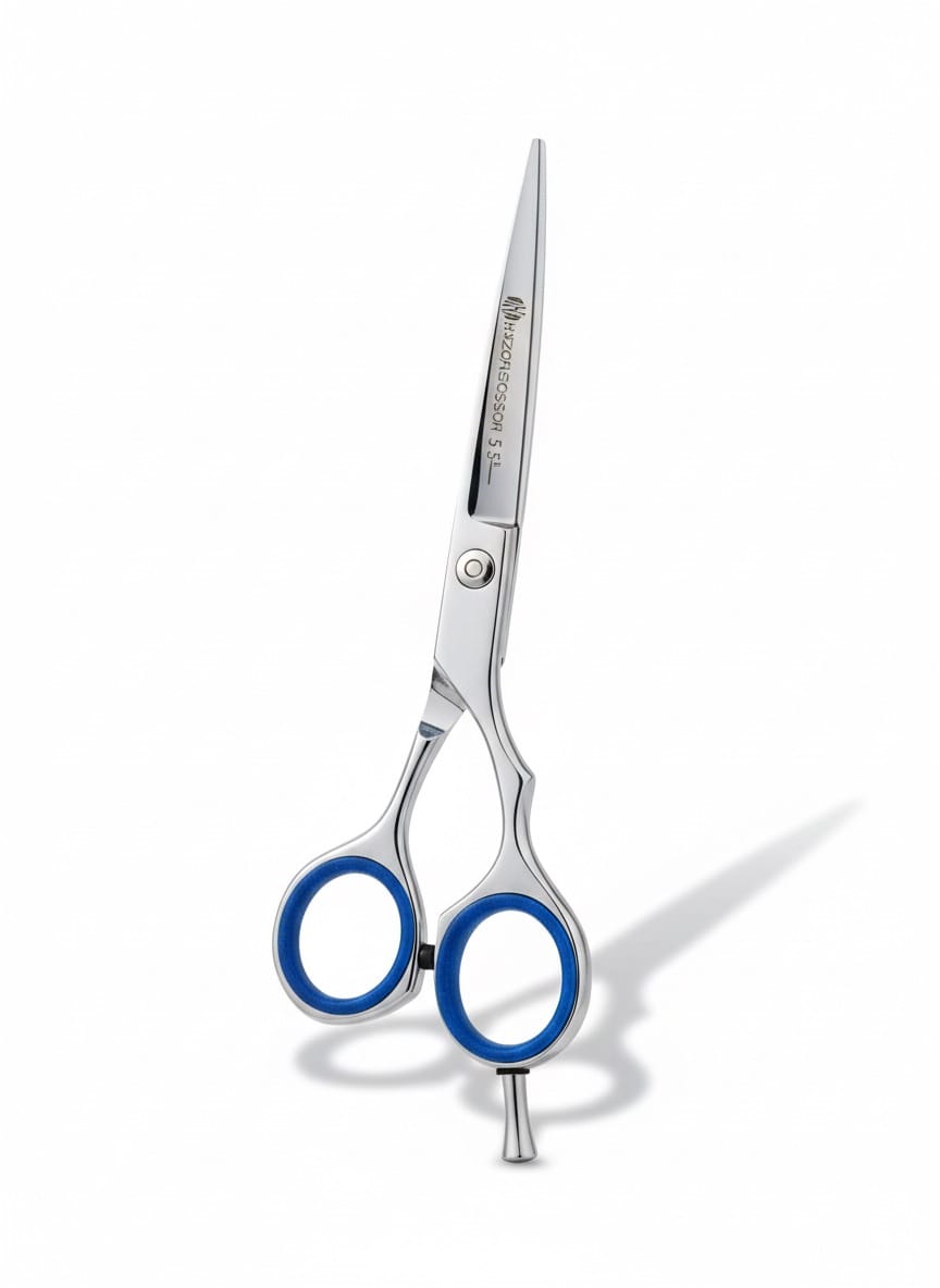 5.5" Chrome Silver | Beard & Mustache Shear – Fixed Screw with Blue Galaxy Grip