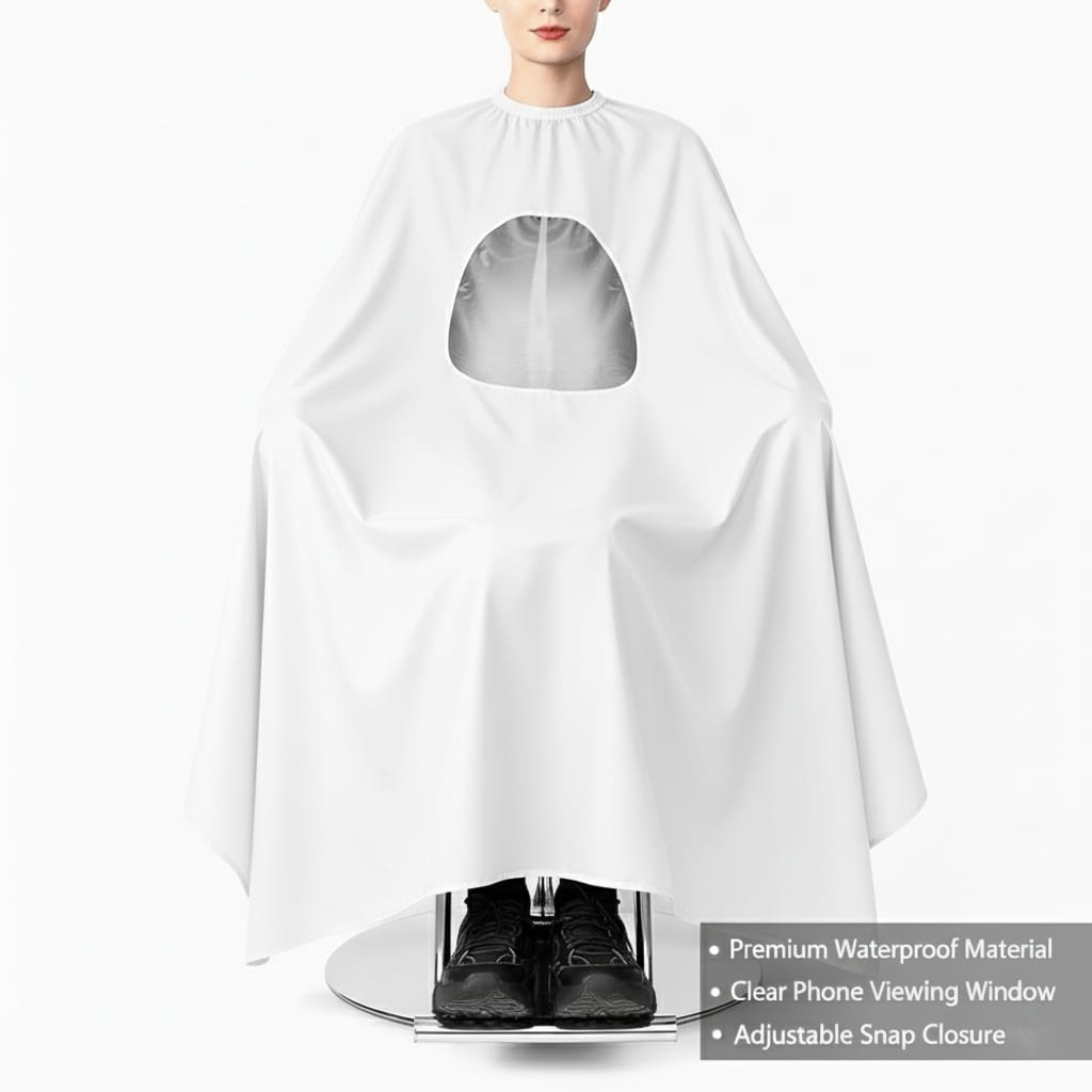 Mobile View Barber Apron – Waterproof Hair Cutting Cape with Clear Phone Window