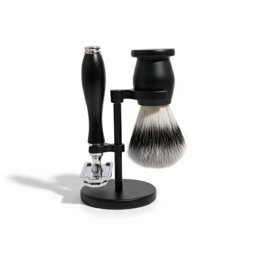 Double Edge Shaving Razor Set Raven Matte Black Shaving Set – Double Edge Razor & Brush with Stand ...