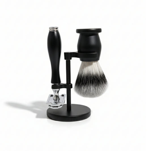 Raven Matte Black Shaving Set – Double Edge Razor & Brush with Stand