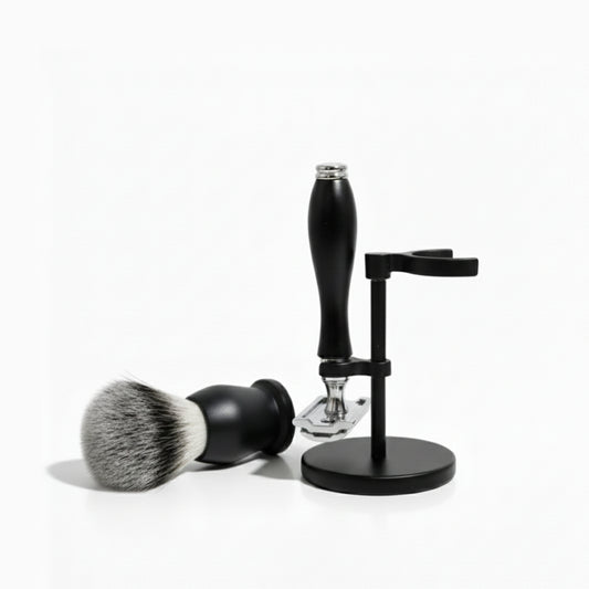 Raven Matte Black Shaving Set – Double Edge Razor & Brush with Stand