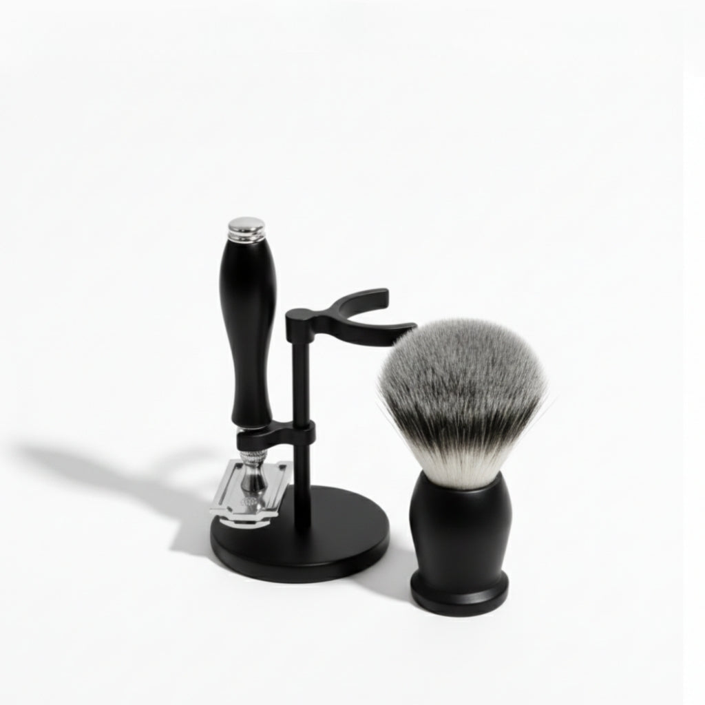 Raven Matte Black Shaving Set – Double Edge Razor & Brush with Stand