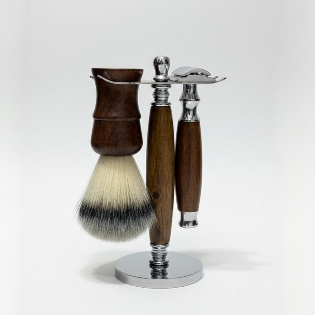 Nova Wooden Shaving Set – Wooden Razor, Brush & Sleek Stand