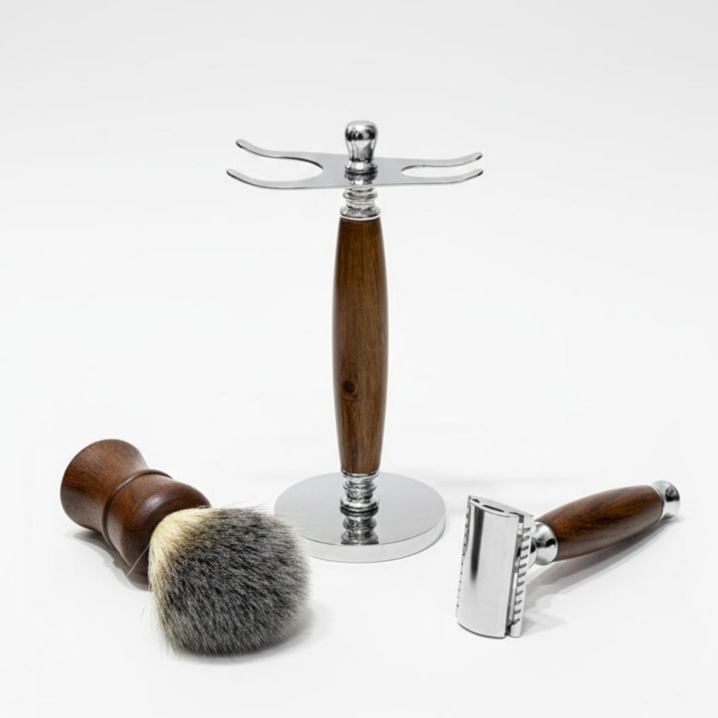 Nova Wooden Shaving Set – Wooden Razor, Brush & Sleek Stand