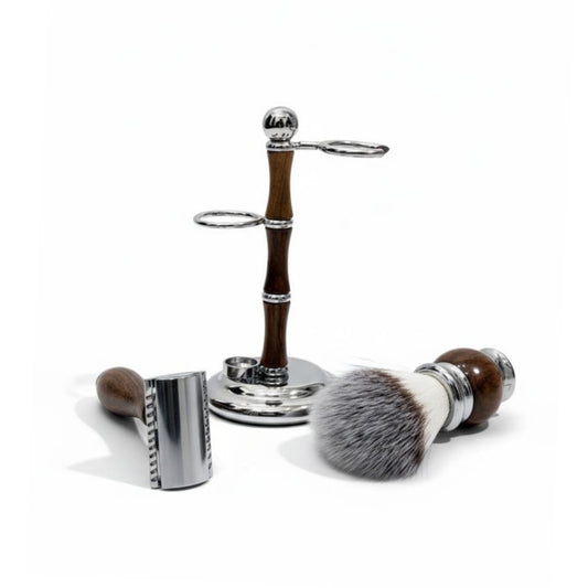 Elite Wood Double Edge Safety Razor Shaving Set – Brush, Stand & Razor