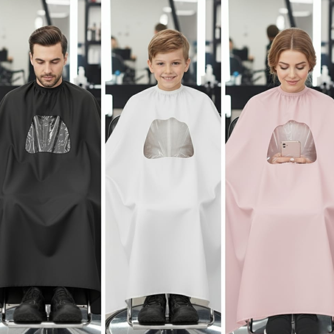 Mobile View Barber Apron – Waterproof Hair Cutting Cape with Clear Phone Window
