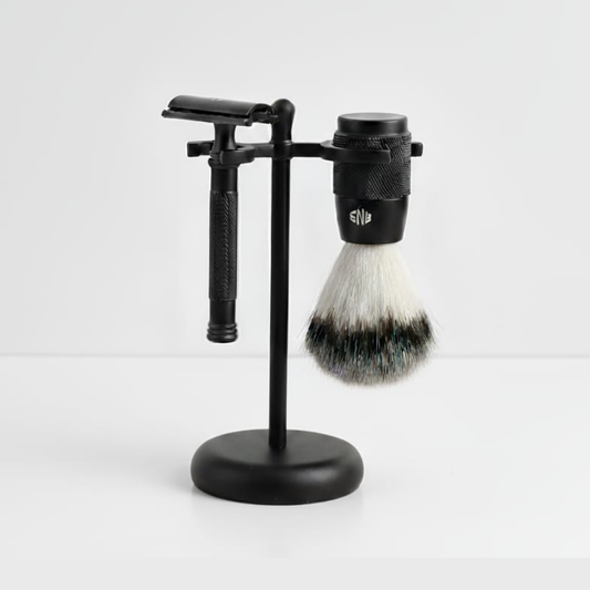 Titan Matte Black Shaving Set – Textured Razor & Brush with Slim Stand