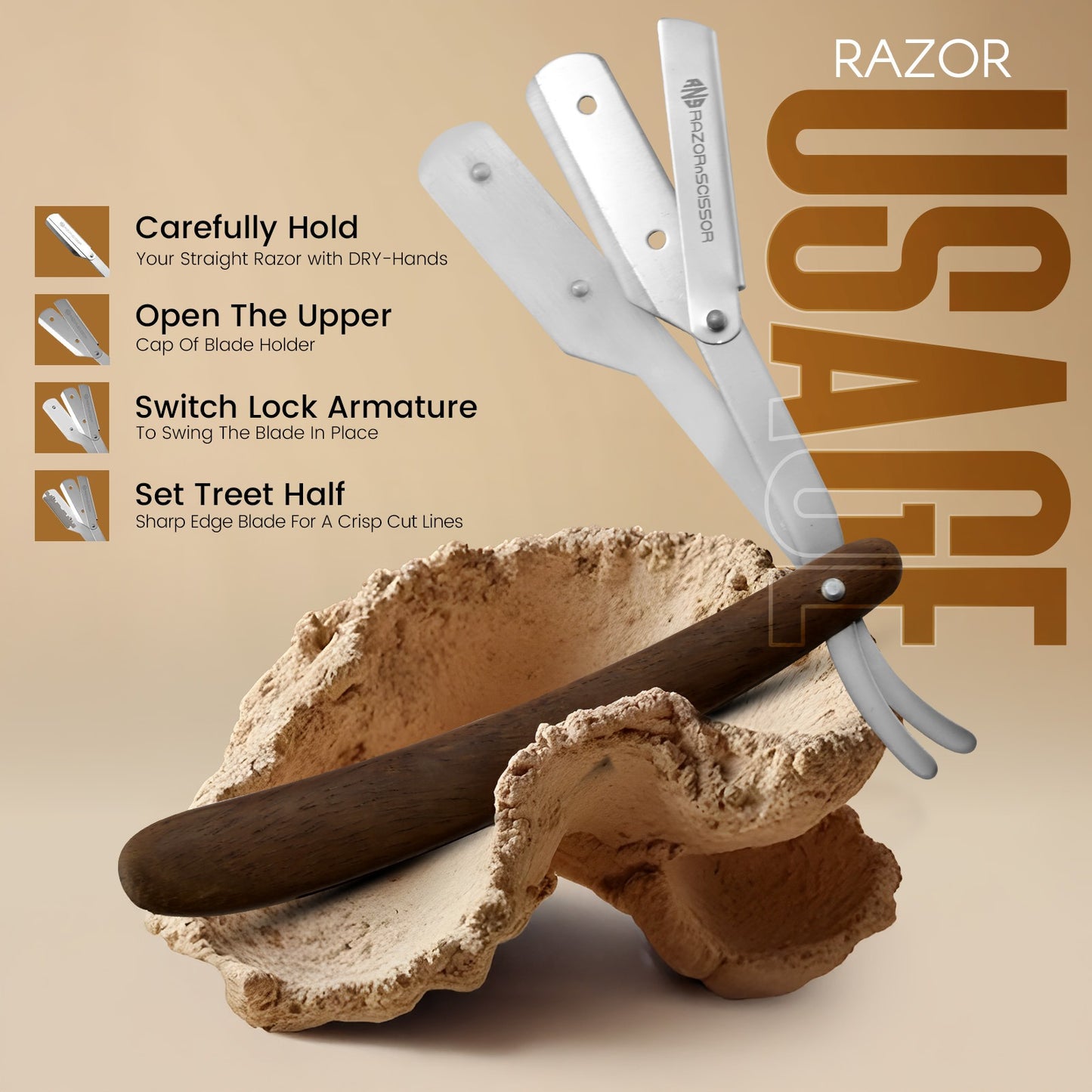 Classic Rounded Wooden Handle Straight Cut Throat Razor for Professional Shaving