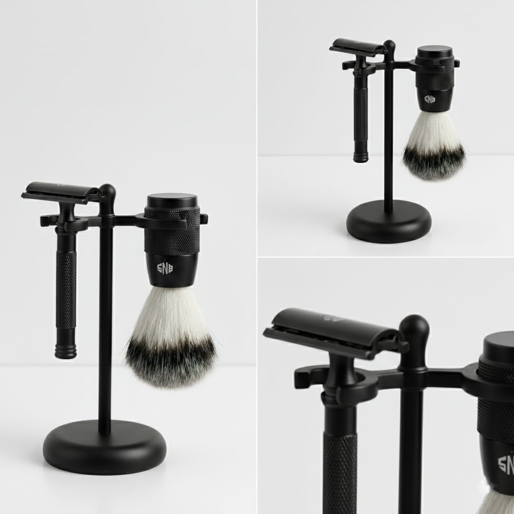 Titan Matte Black Shaving Set – Textured Razor & Brush with Slim Stand