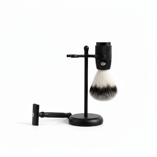 Titan Matte Black Shaving Set – Textured Razor & Brush with Slim Stand