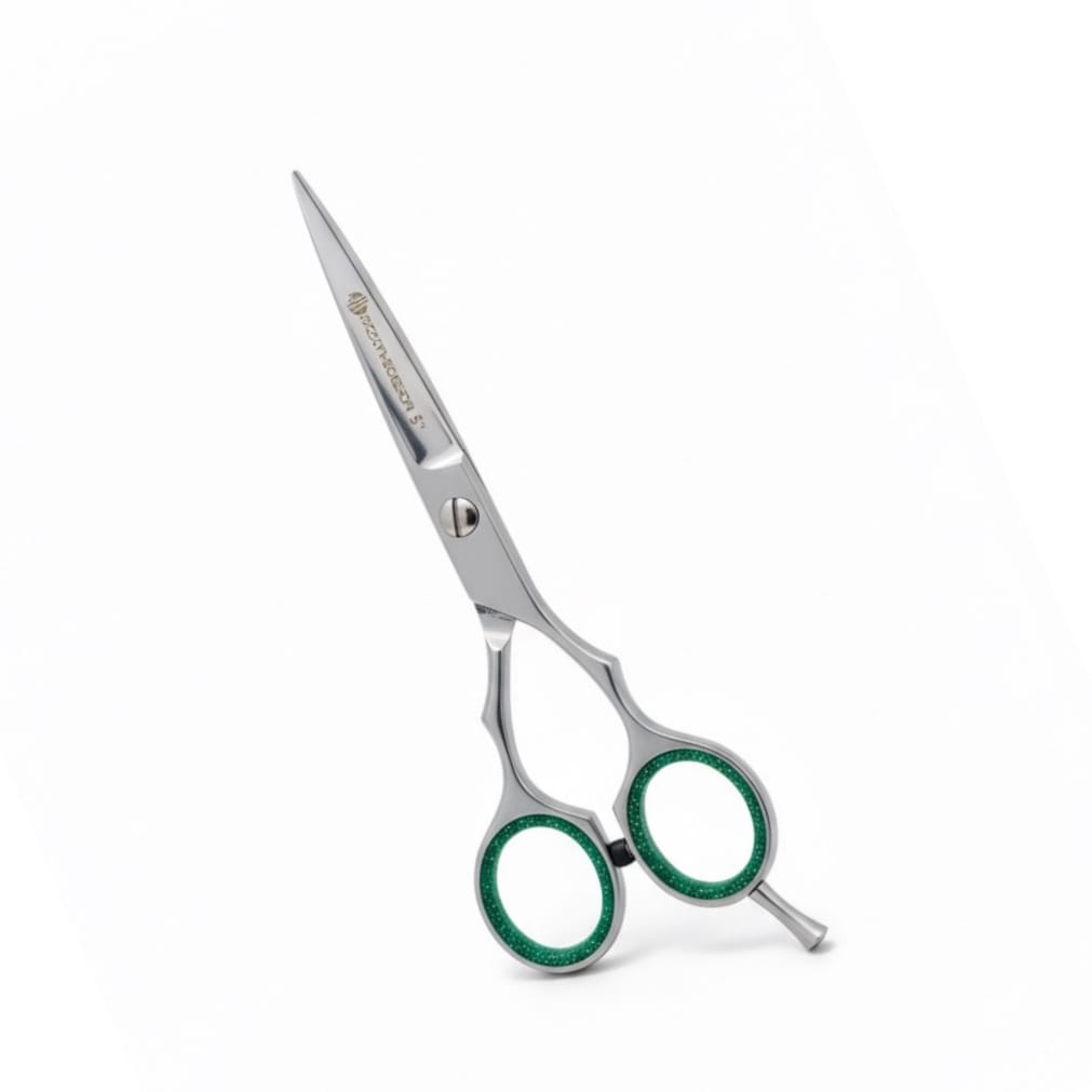 5” Matte Silver | Hairdressing Scissor with Fixed Screw & Green Grip