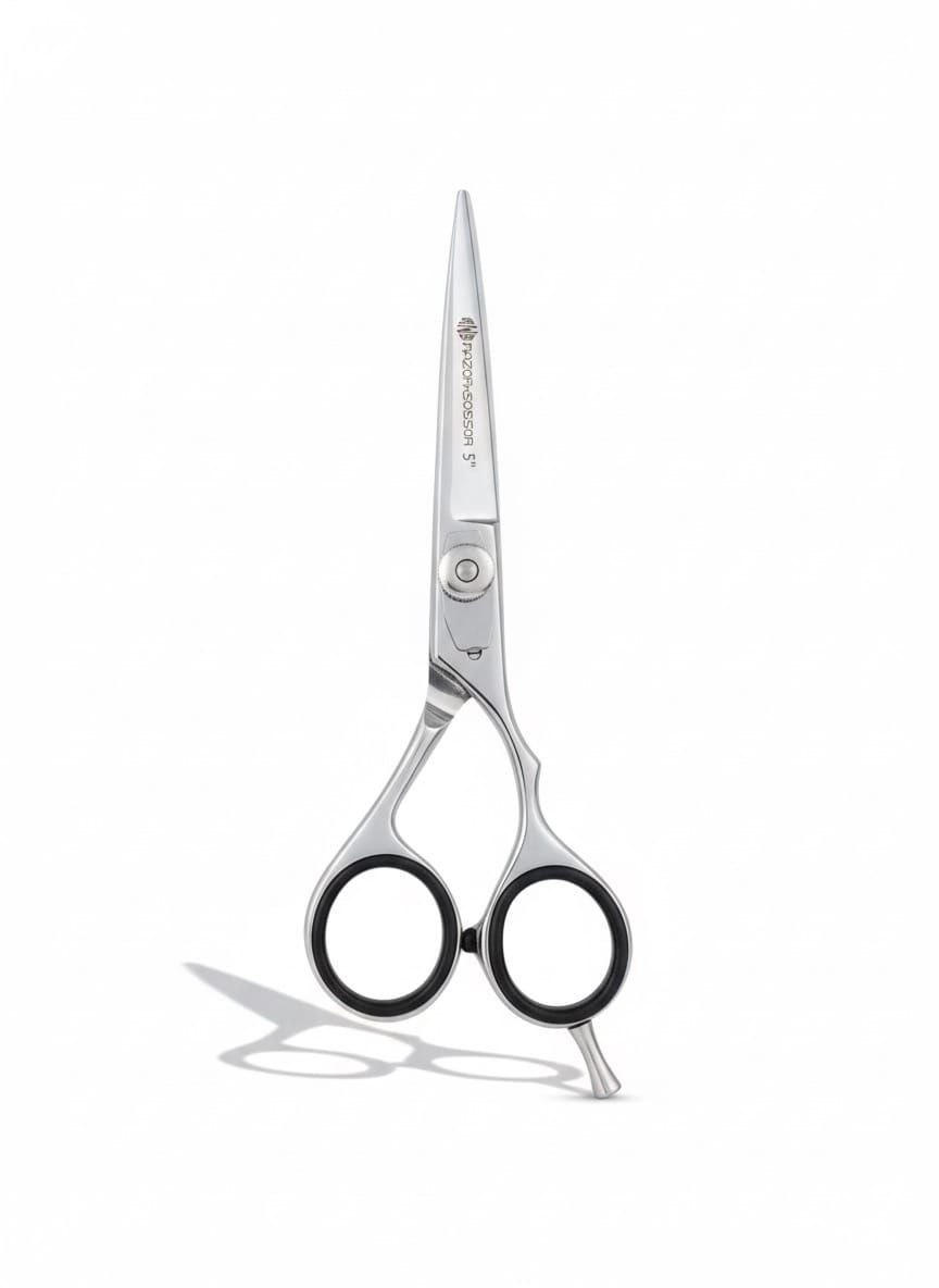 5” Chrome Silver | Offset Razor Scissors – Adjustable Tension Screw, Black Grip