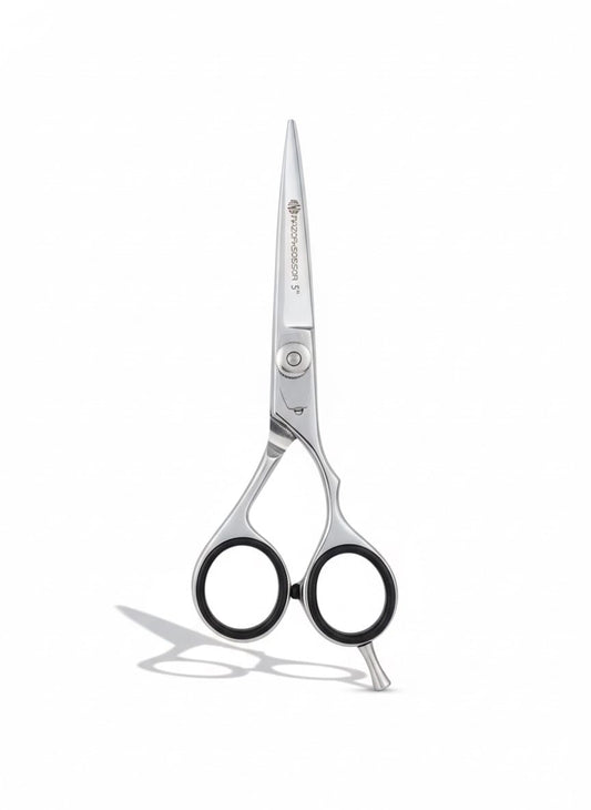 5” Chrome Silver | Offset Razor Scissors – Adjustable Tension Screw, Black Grip