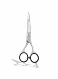 5” Chrome Silver | Offset Razor Scissors – Adjustable Tension Screw, Black Grip