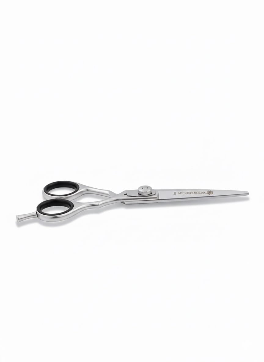 5” Chrome Silver | Offset Razor Scissors – Adjustable Tension Screw, Black Grip