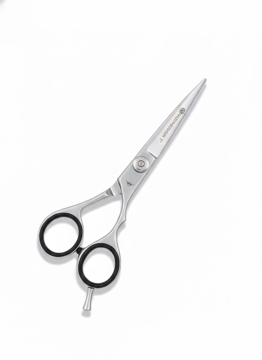 5” Chrome Silver | Offset Razor Scissors – Adjustable Tension Screw, Black Grip
