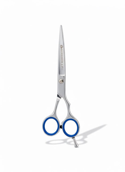 5.5" Chrome Silver | Beard & Mustache Shear – Fixed Screw with Blue Galaxy Grip