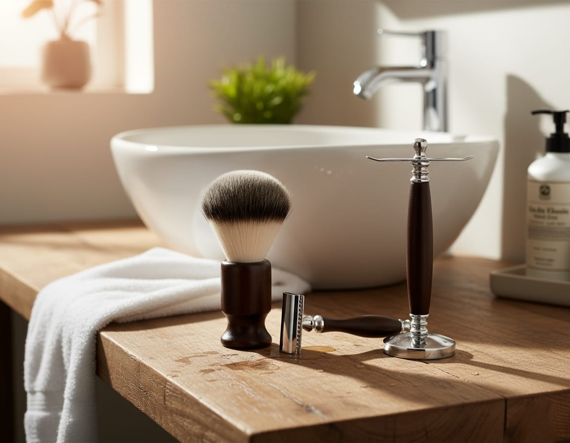 Nova Wooden Shaving Set – Wooden Razor, Brush & Sleek Stand