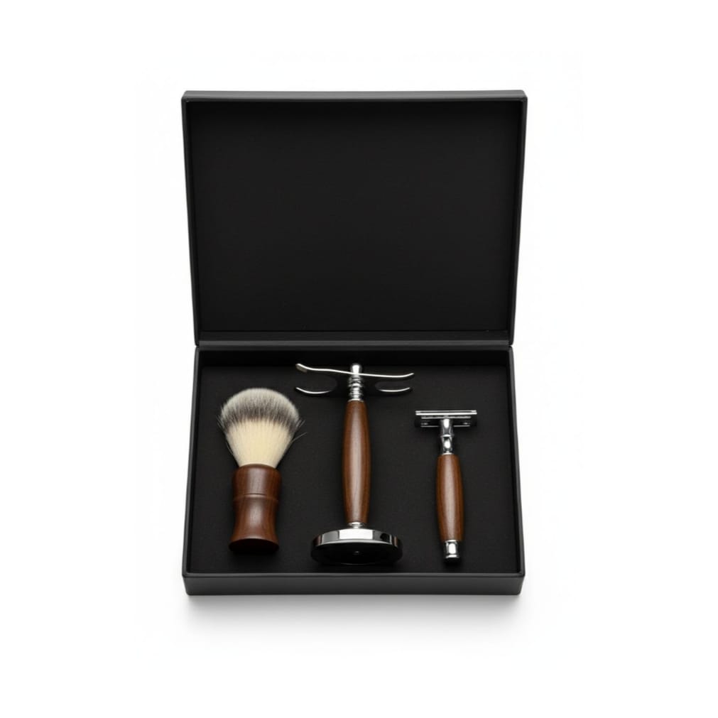 Nova Wooden Shaving Set – Wooden Razor, Brush & Sleek Stand