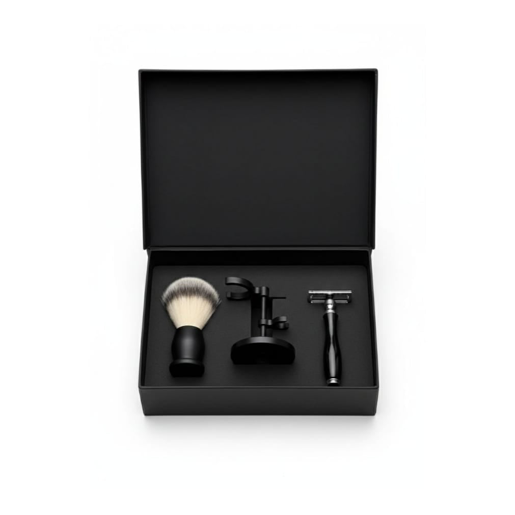Raven Matte Black Shaving Set – Double Edge Razor & Brush with Stand
