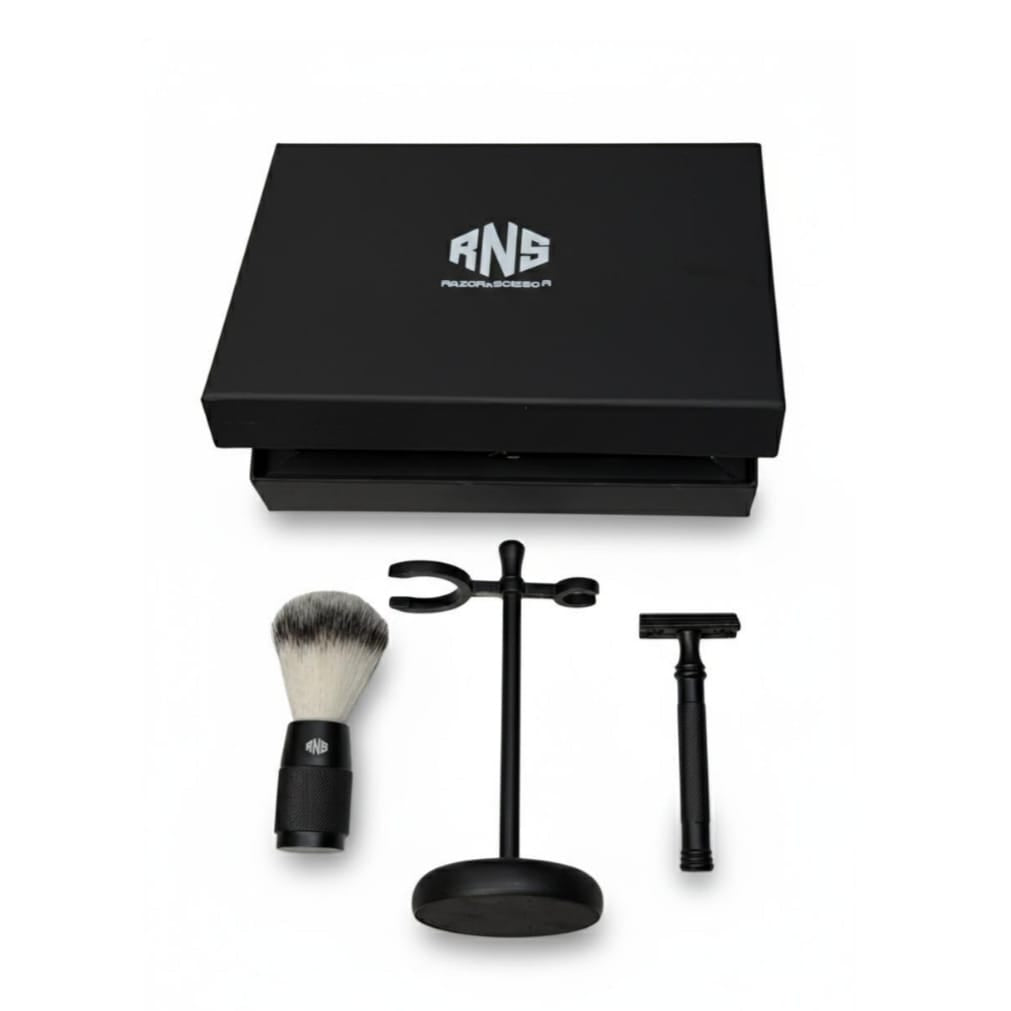 Titan Matte Black Shaving Set – Textured Razor & Brush with Slim Stand