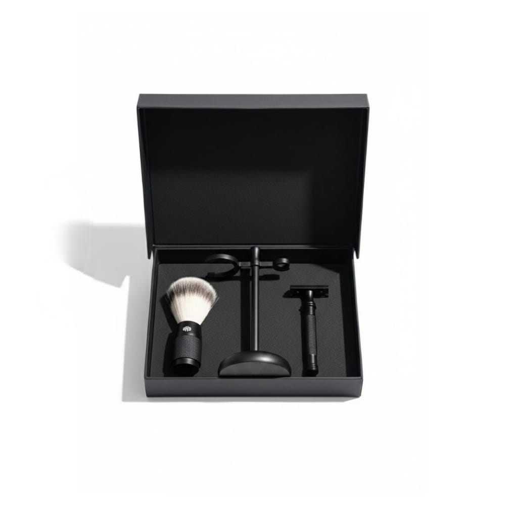 Titan Matte Black Shaving Set – Textured Razor & Brush with Slim Stand